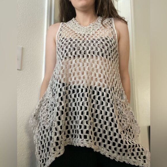 Vintage Y2K Open Crochet Knit Asymmetric Beach Overthrow Size Medium Pockets - Picture 1 of 5